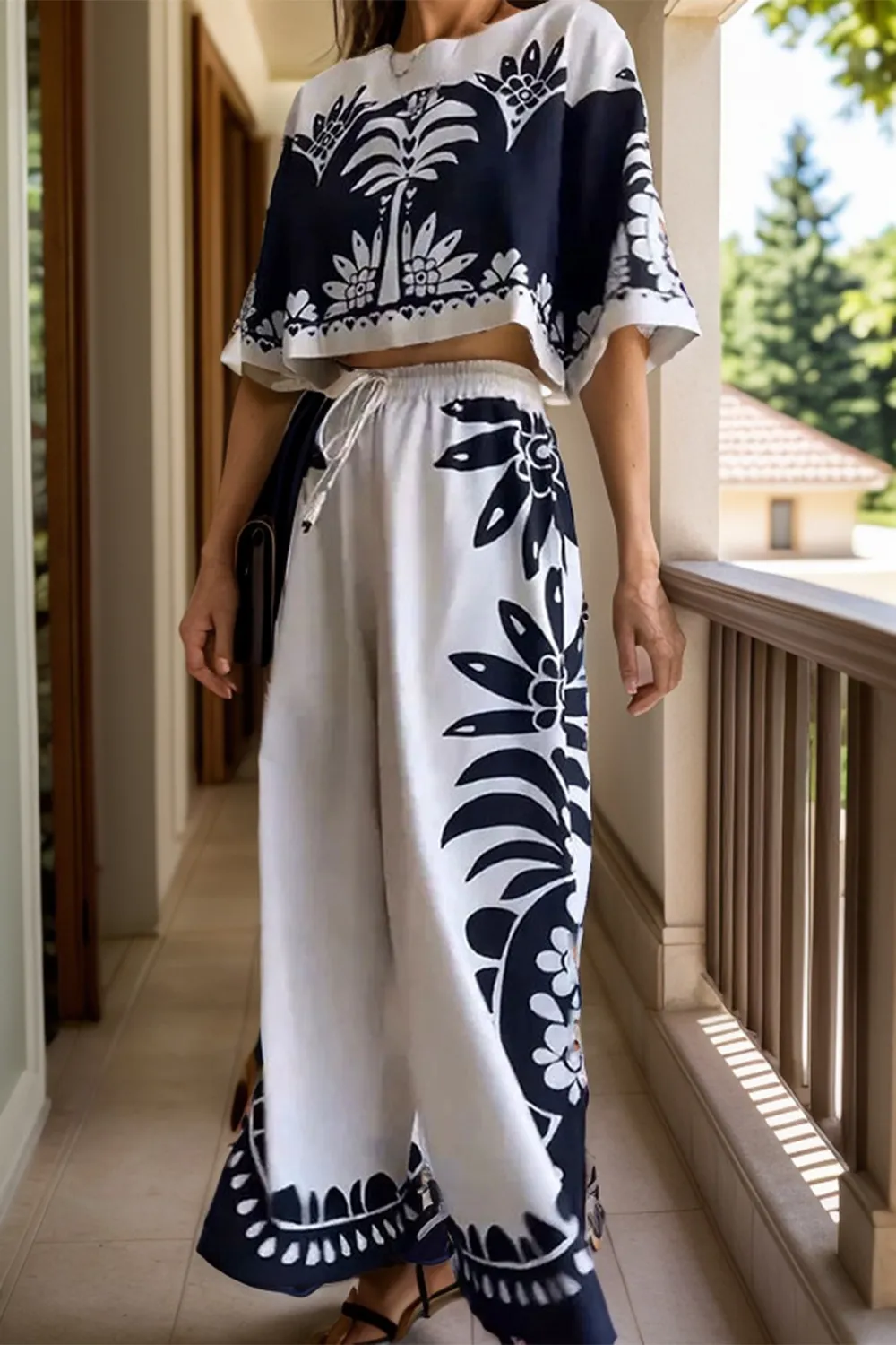 Printed Half Sleeve Top and Wide Leg Pants Set, image 2