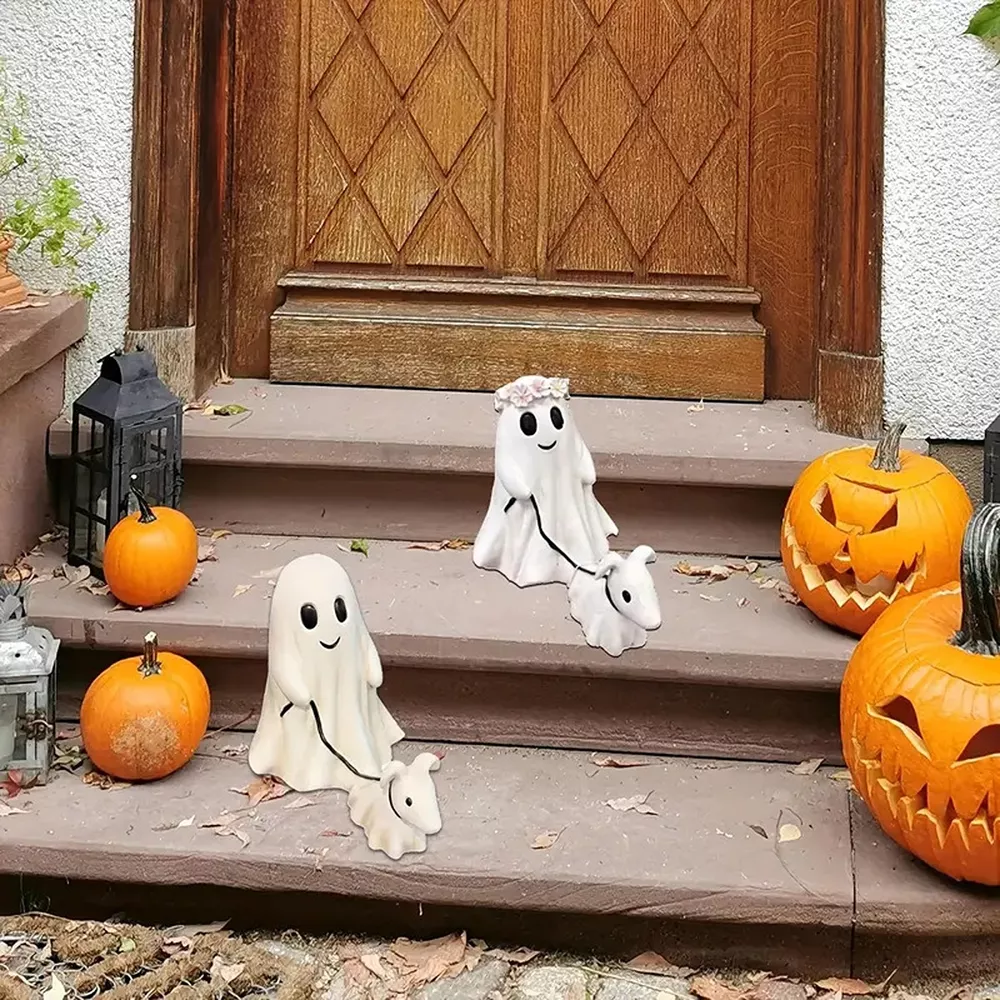 Halloween Ghost Walking Dog Decorative Ornament 2 Piece Set