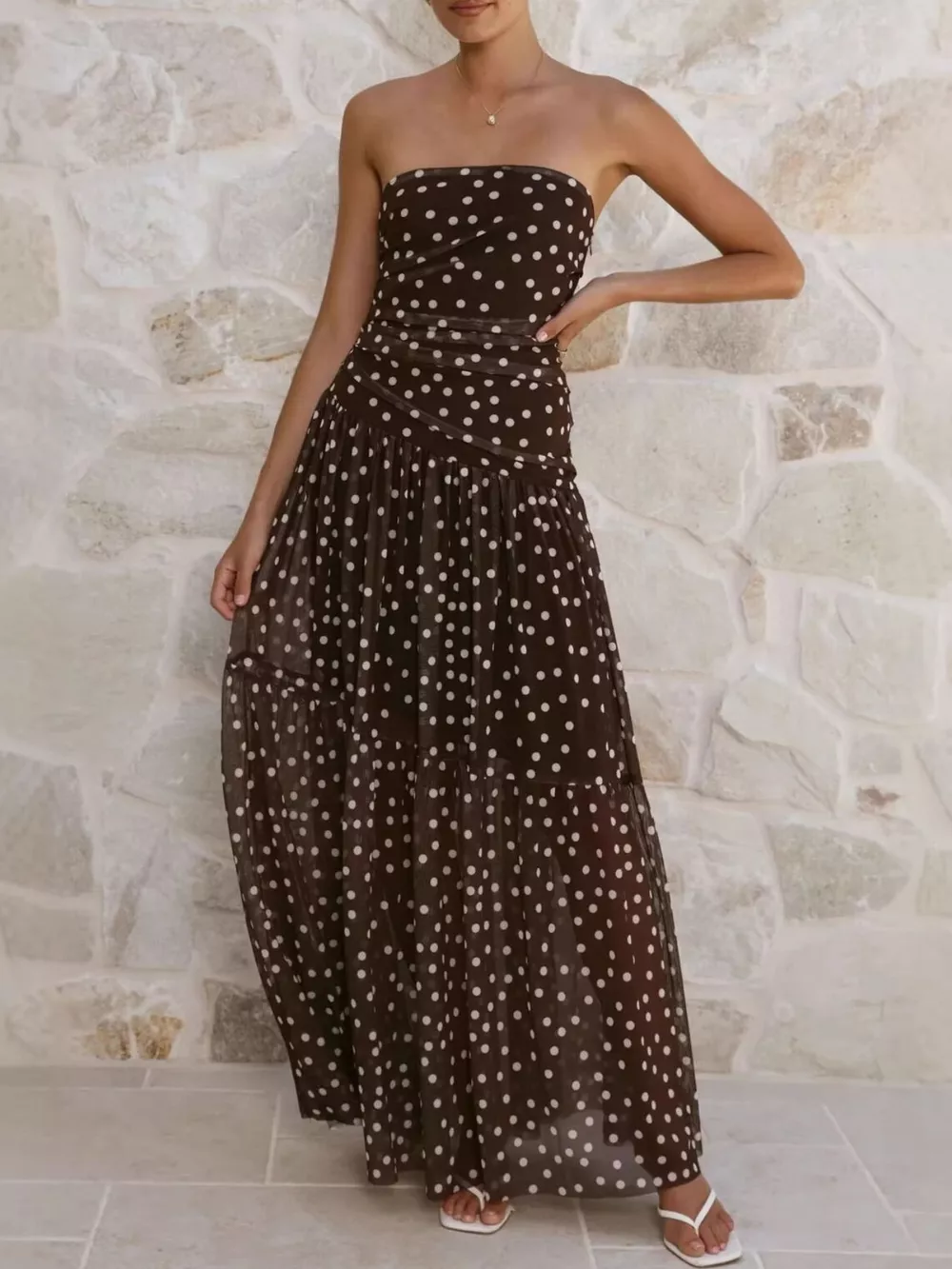 Polka Dot Strapless Ruched Maxi Dress, image 5