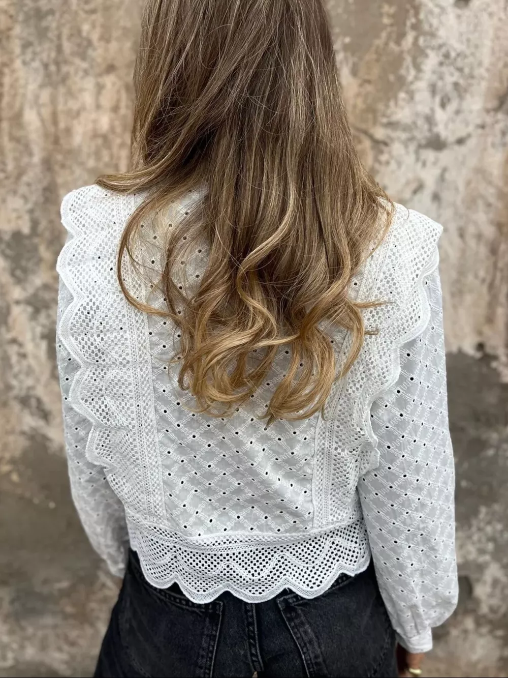 Eyelet Button-Up Shirt with Scalloped Hem, image 5