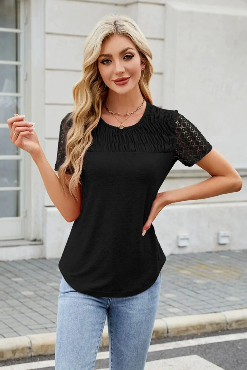Smocked Round Neck Short Sleeve T-Shirt
