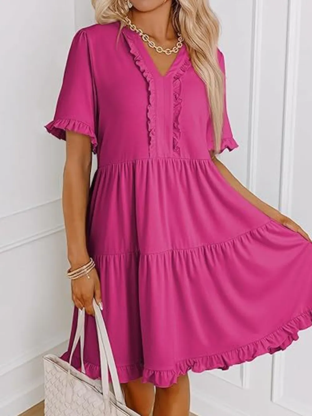 Tiered Notched Short Sleeve Mini Dress, image 5