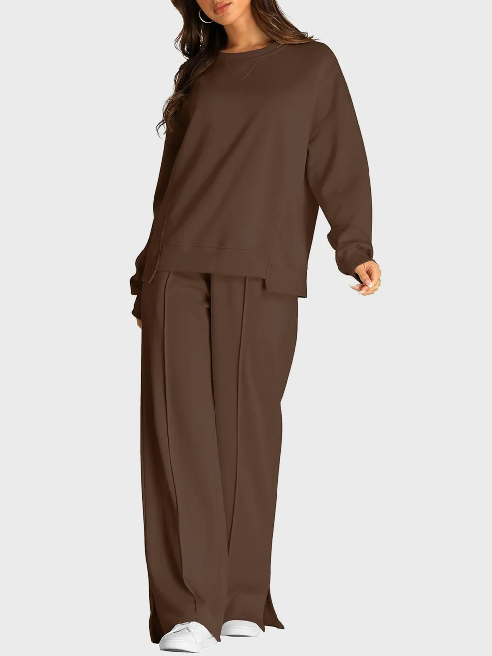 Round Neck Long Sleeve Top and Slit Pants Set, image 7