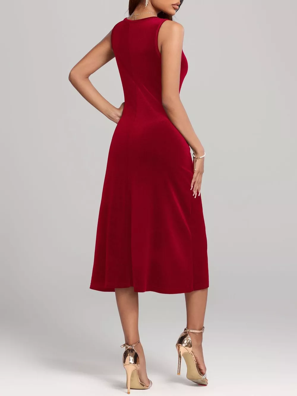 Round Neck Sleeveless Velvet A-Line Midi Dress, image 7