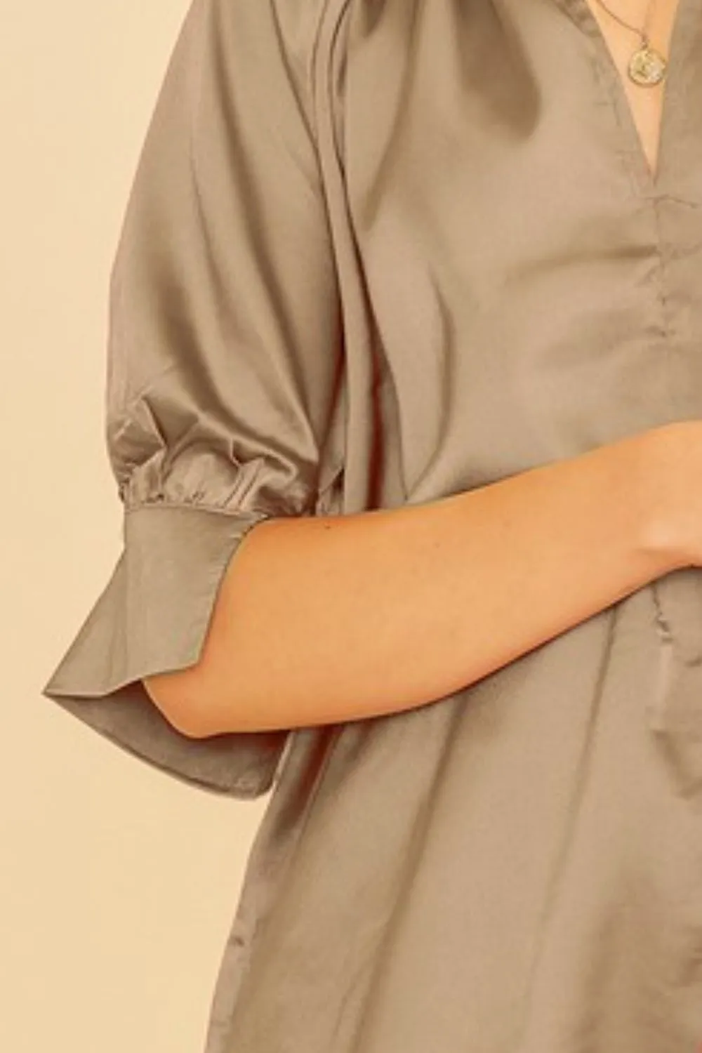 Satin V Neck Open Short Sleeve Woven Blouse Top, image 3