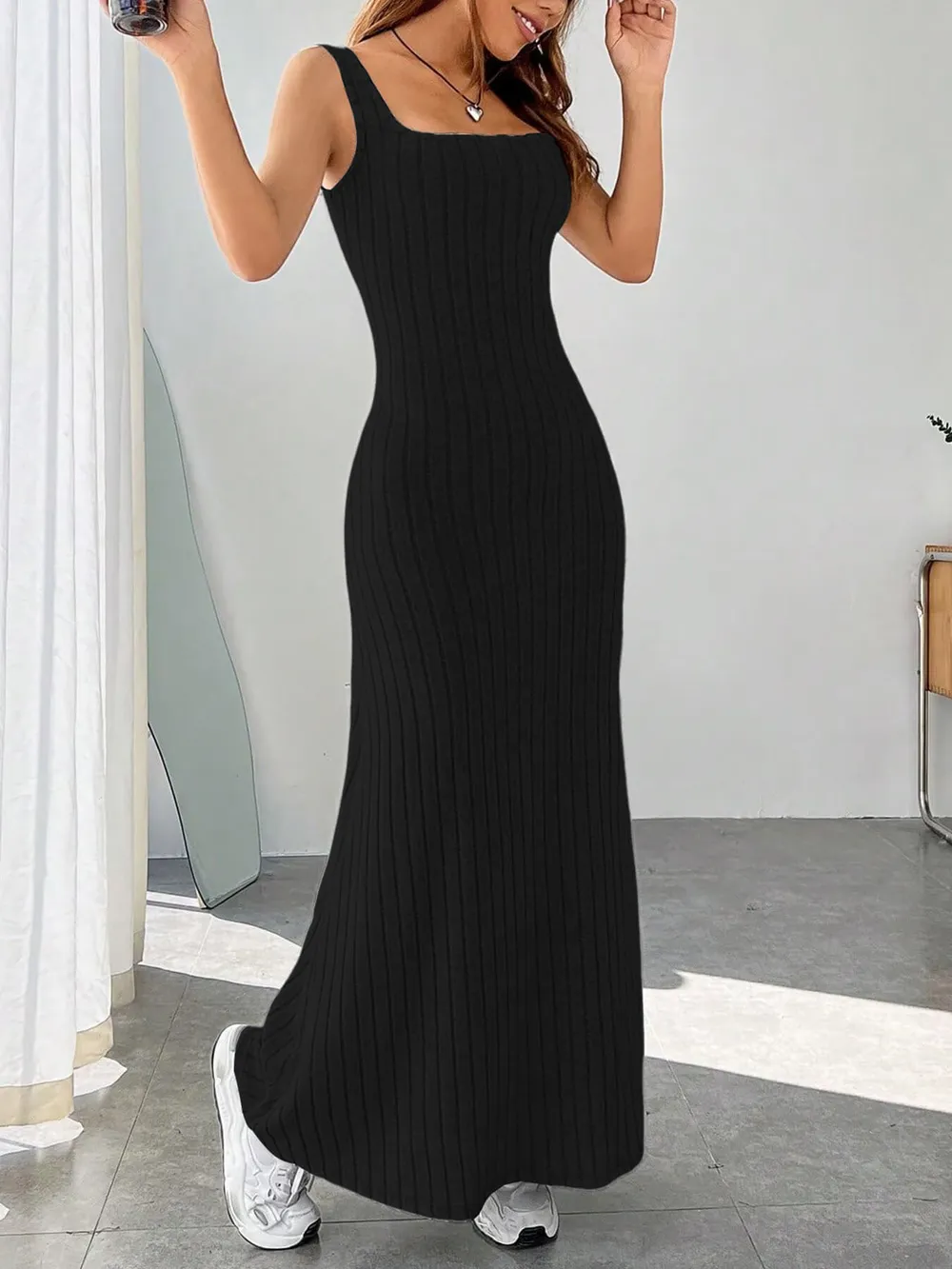 Ribbed Knit Square Neck Sleeveless Maxi Dress, image 19