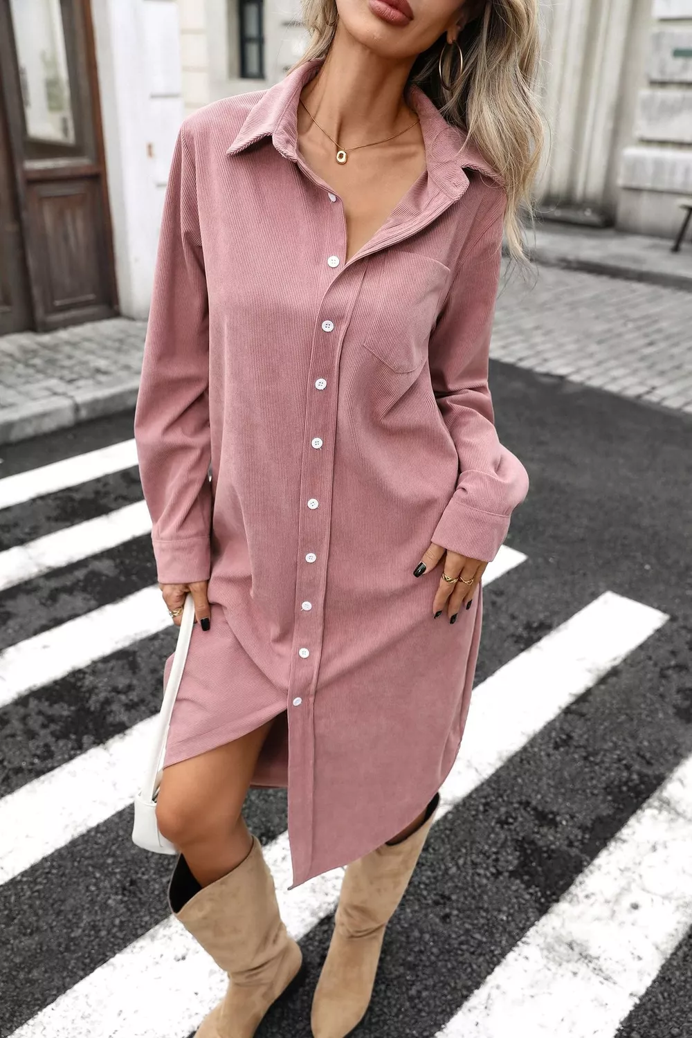 Corduroy Shirt Dress with Button-Down Front, image 8