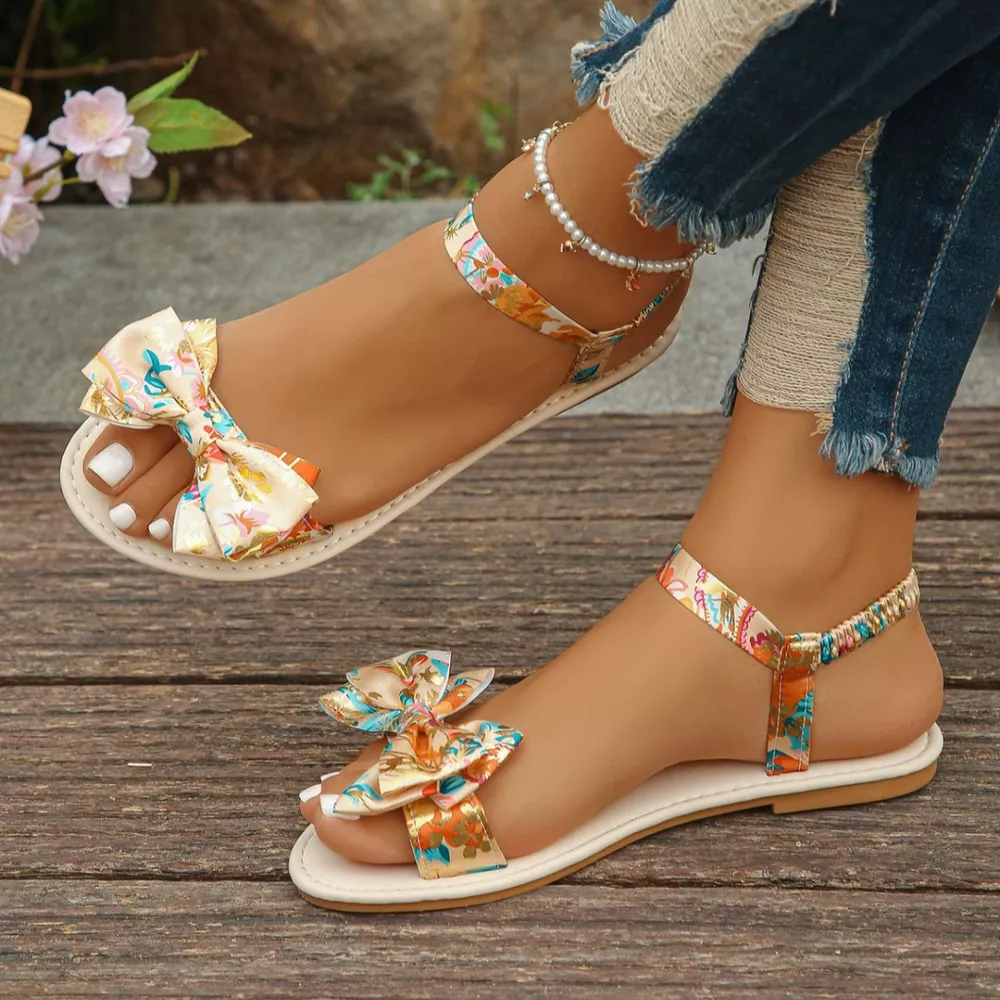 Floral Bowknot Ankle Strap Flat Sandals, image 5