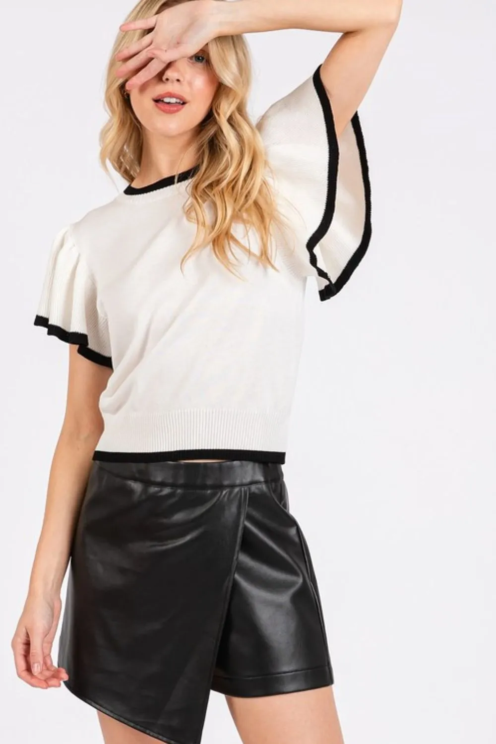 Contrast Trim Ruffled Cap Sleeve Knit Top, image 5