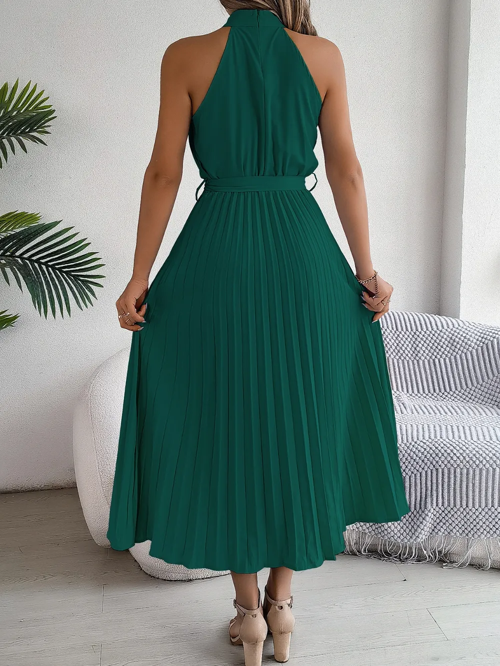 Grecian Neck Tie Waist Pleated Dress, image 11