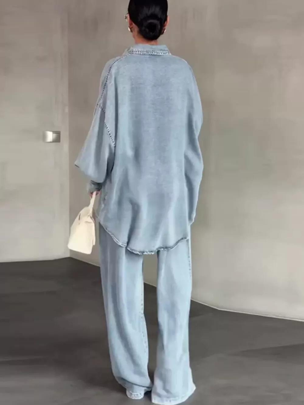 Wash Button Up Shirt and Wide-Leg Pants Denim Set, image 3