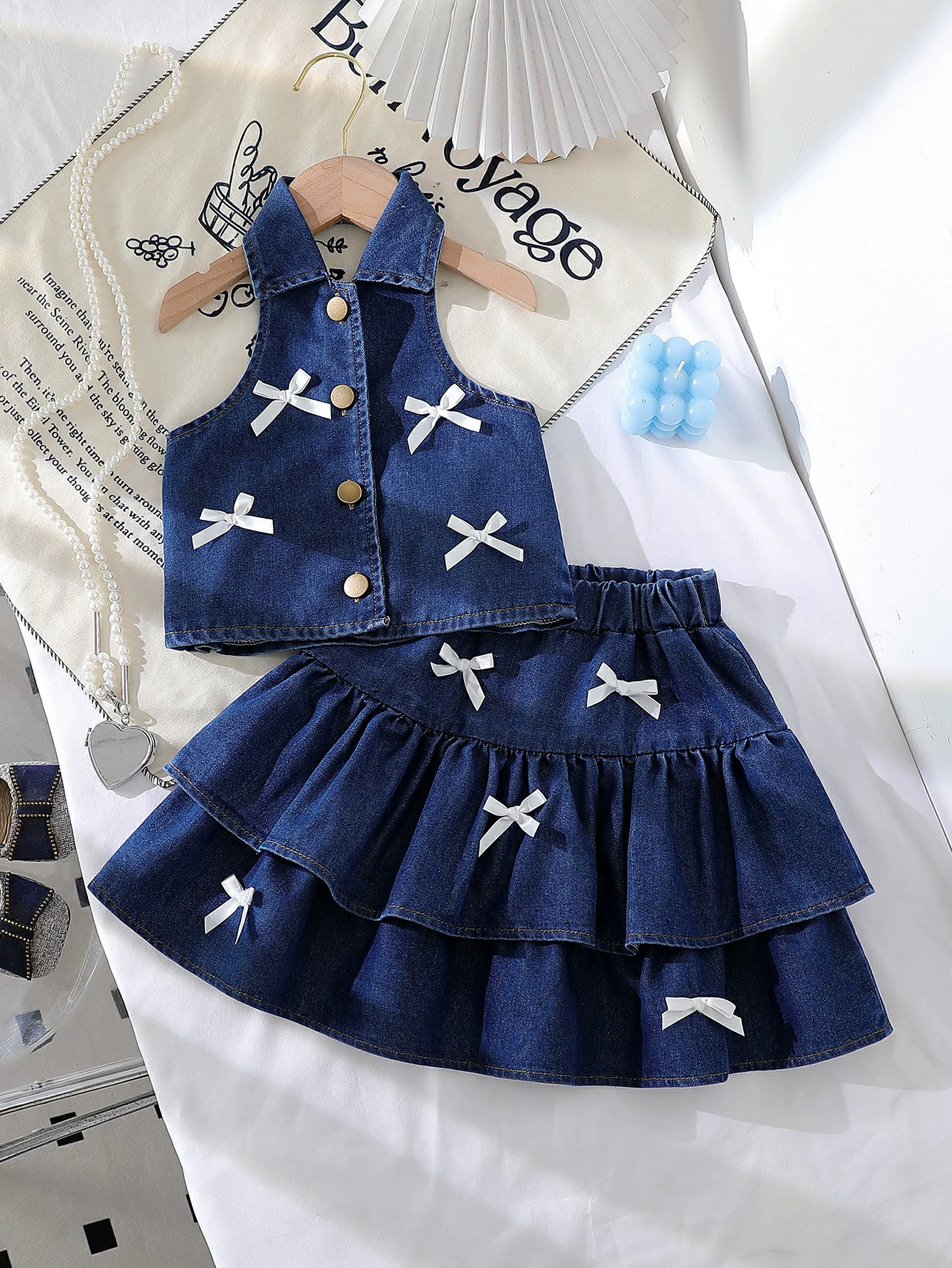 Children's Button UP Vest and Skirt Denim Set, image 2