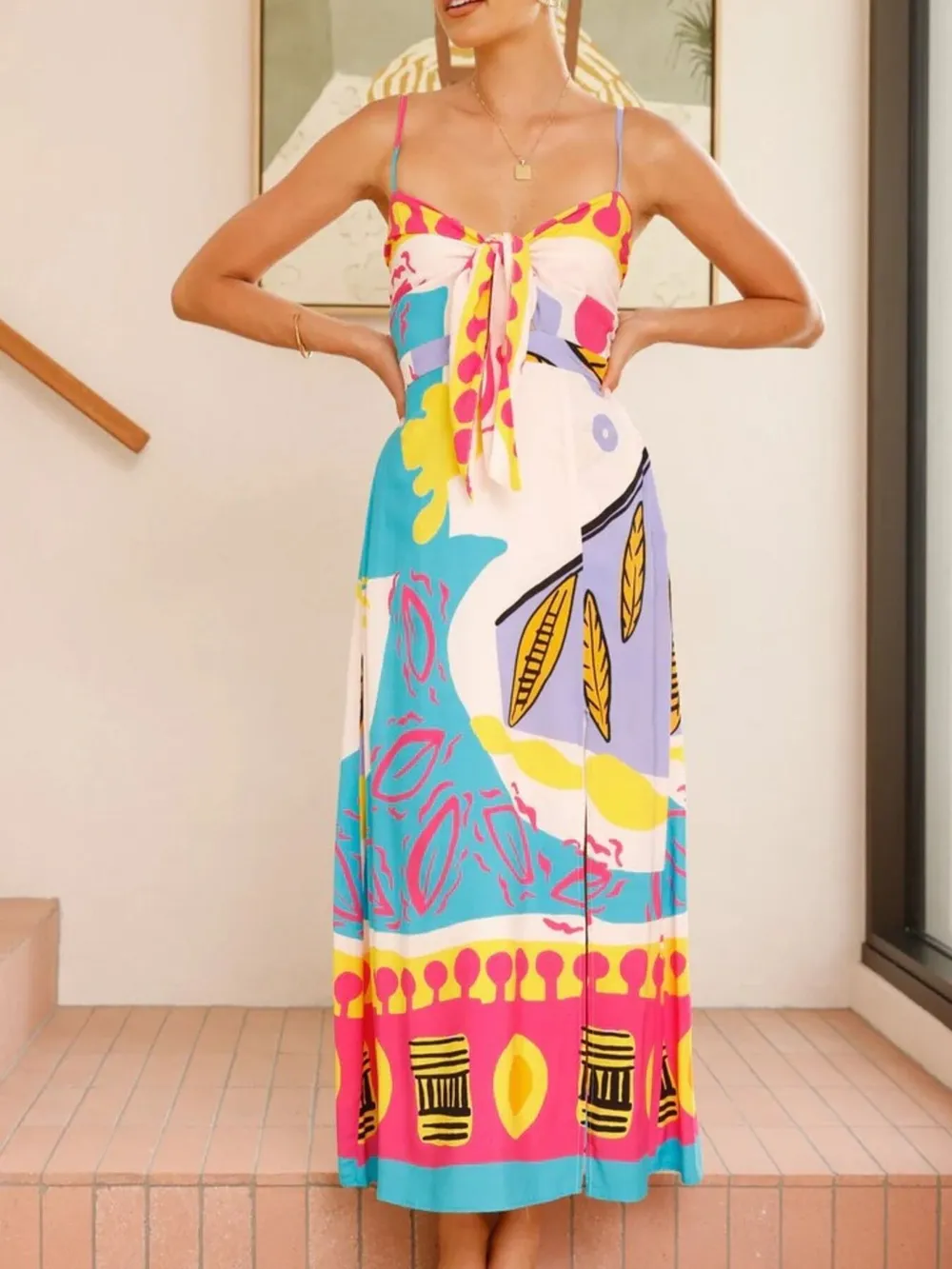 Tied Front Printed Slit Maxi Cami Dress, image 4