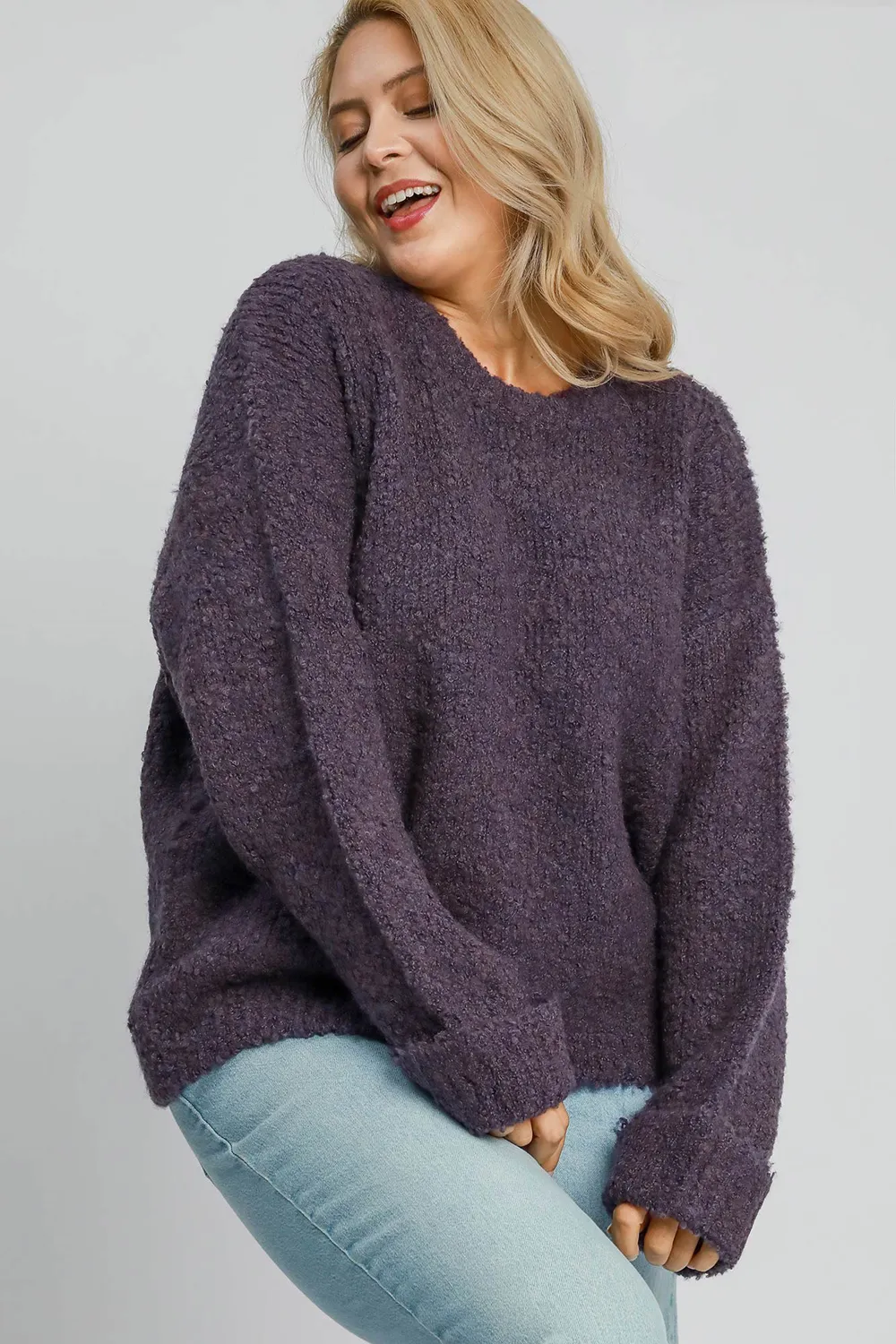 Full Size Round Neck Long Sleeve Boucle Sweater Plus Size, image 4