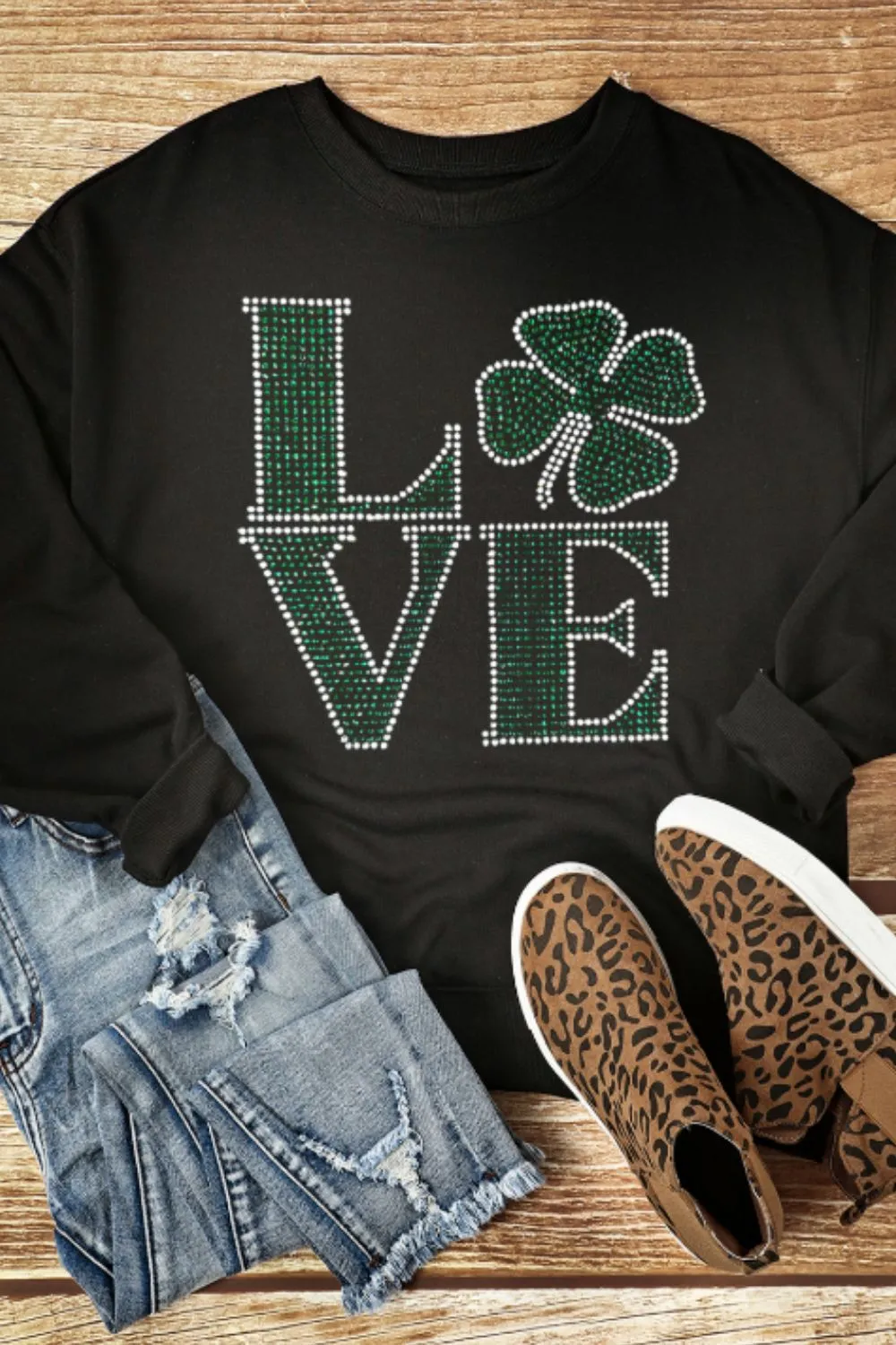 LOVE Rhinestone Clover Round Neck Sweatshirt, image 3