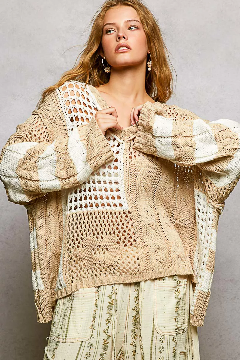 Color-Blocked Stripe Pattern Knit Top with Twisted Weave, image 2