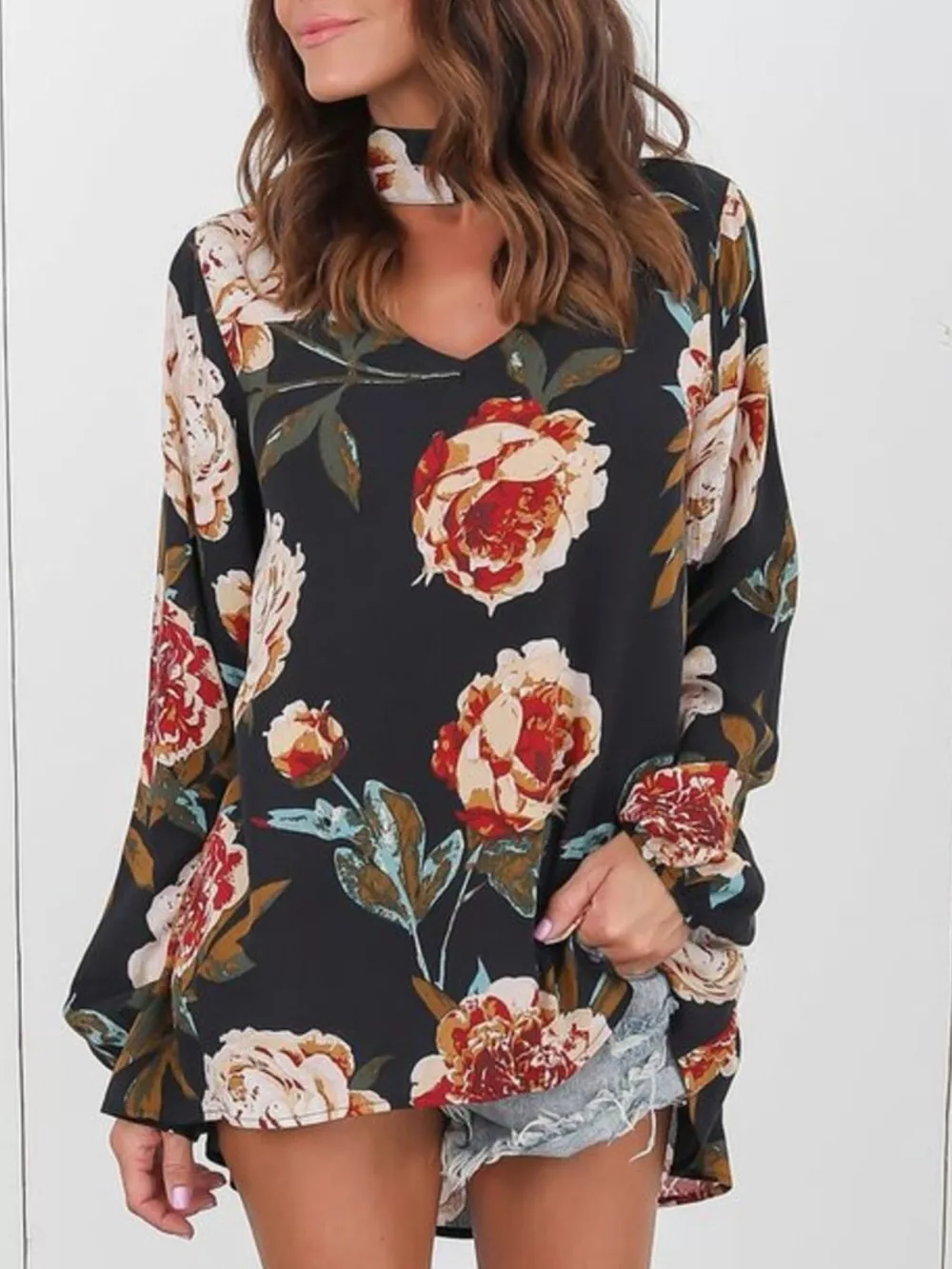 Full Size Floral Print Choker Neck Long Sleeve Blouse Plus Size, image 3