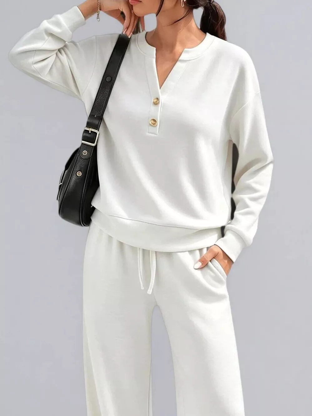 Button Detail Dropped Shoulder Top and Pants Set, image 28