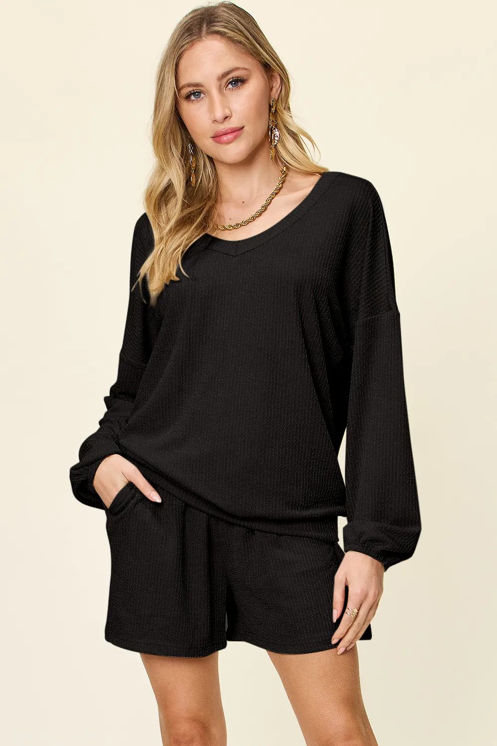 Full Size Texture V-Neck Long Sleeve T-Shirt and Shorts Set