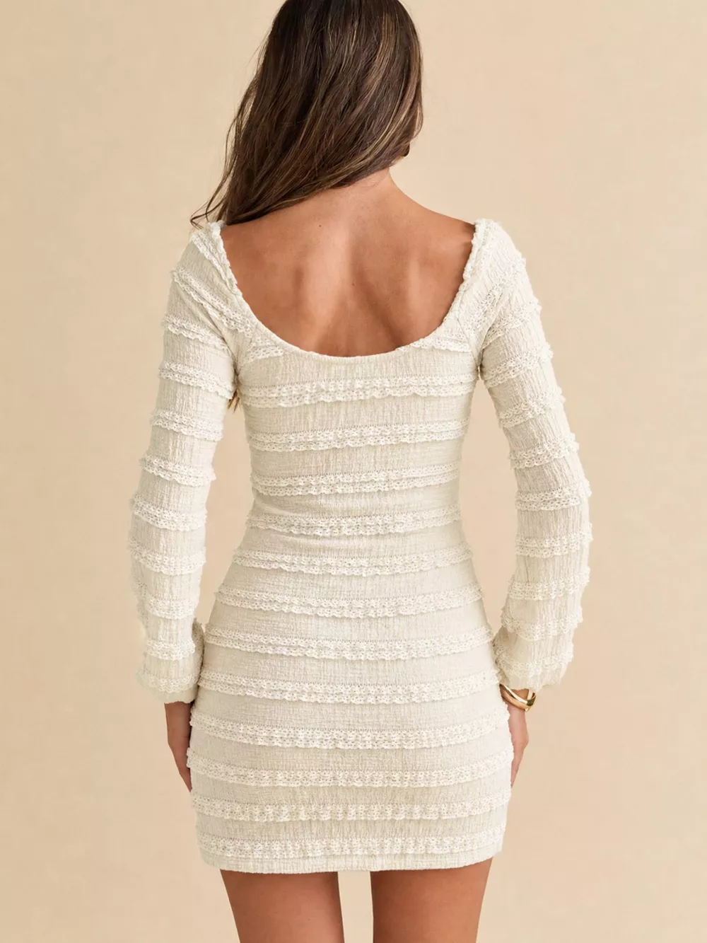 Textured Long-Sleeve Bodycon Mini Dress with Tie-Front, image 5
