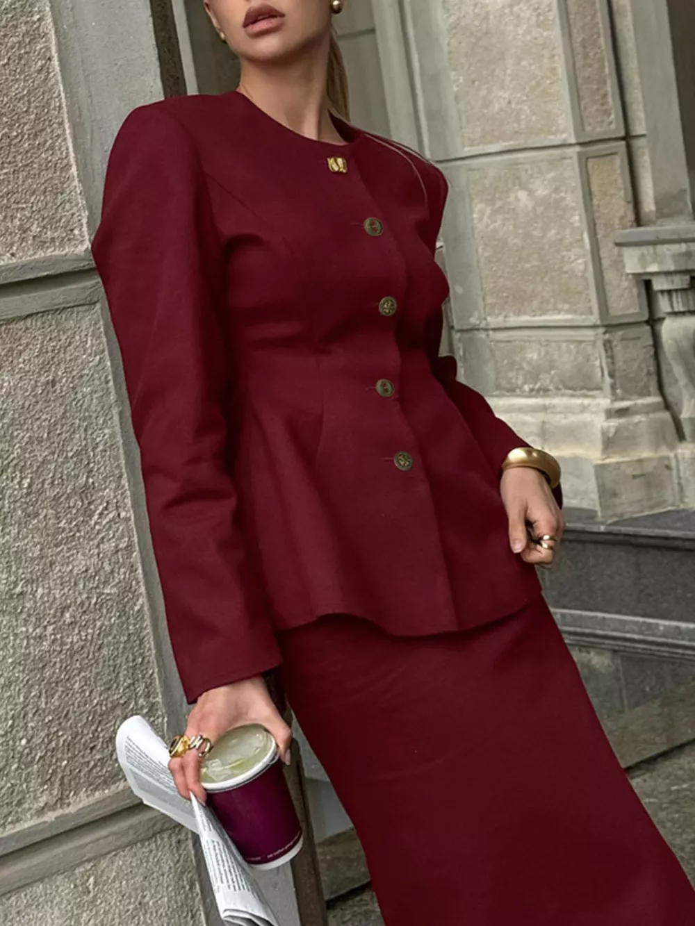 Button Up Peplum Blazer & Skirt Set, image 5