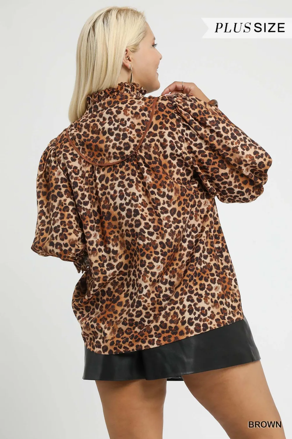 Full Size Leopard Print Ruffle Neck Blouse Plus Size, image 6