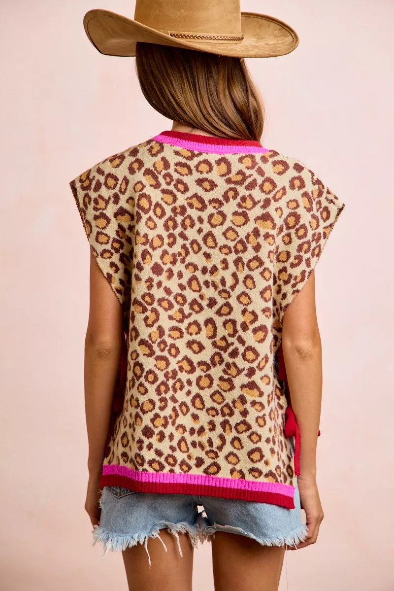 BiBi Leopard Pattern Side Tied Sweater Vest Top, image 4
