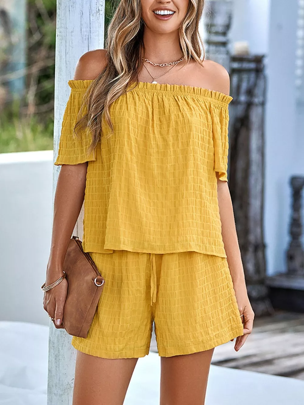 Off-Shoulder Short Sleeve Top and Shorts Set, image 4