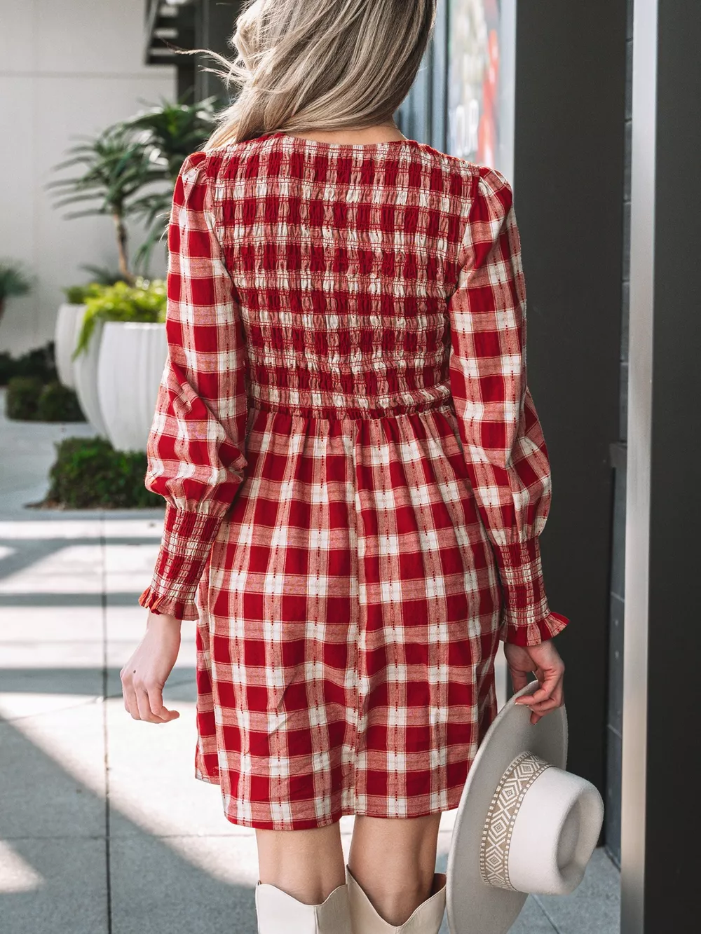 Plaid Print Smocked Puff Sleeve Mini Dress, image 4