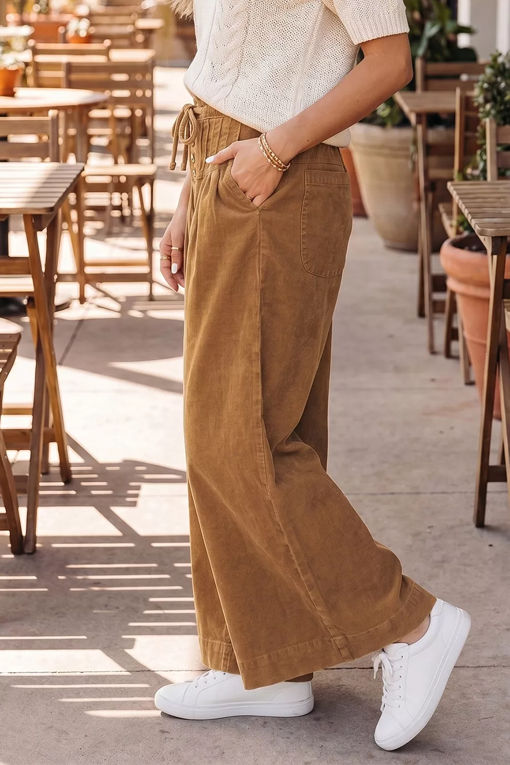 Elastic Waist Wooden Button Placket Ankle Length Wide Leg Pants, image 3