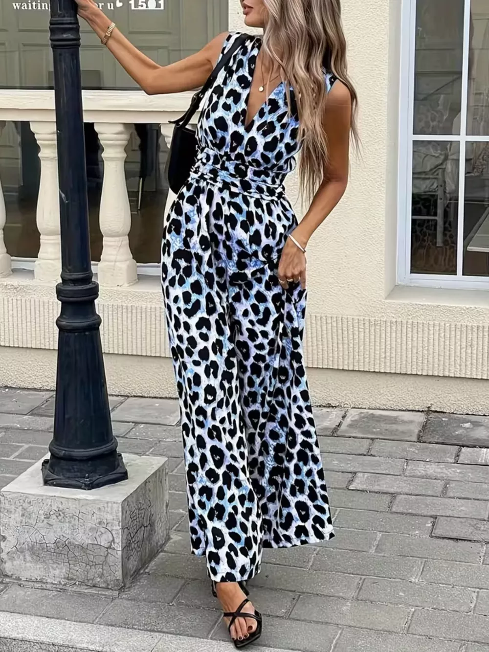 Sleeveless V-Neck Leopard Print Wide Leg Jumpsuit, image 6