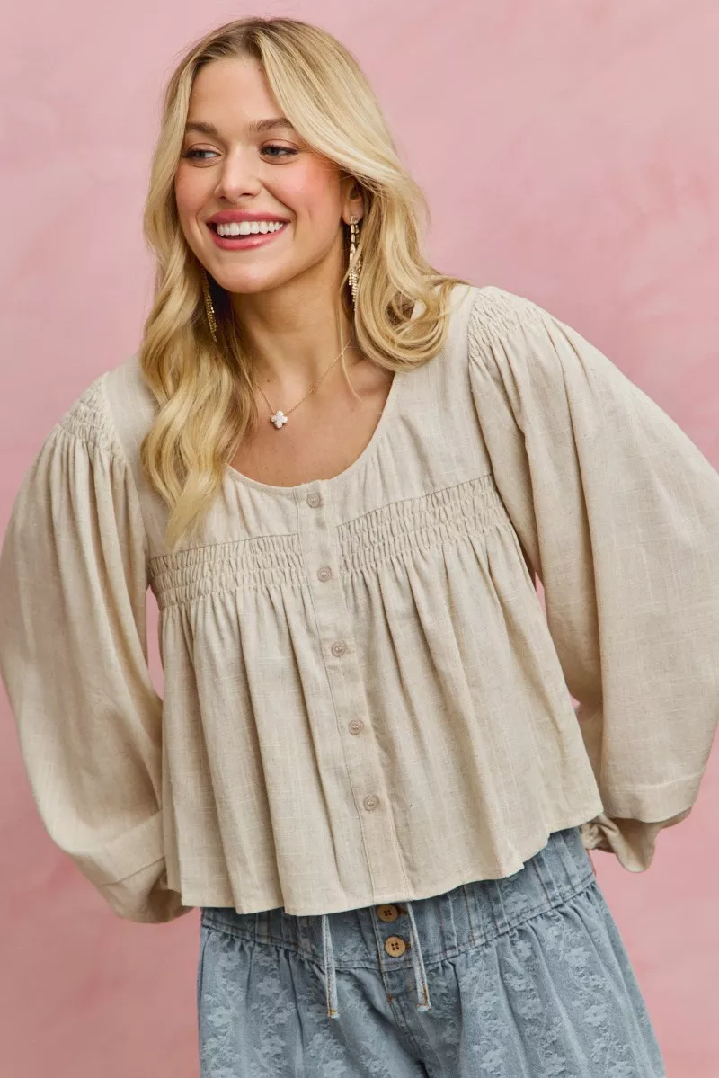 Linen Blend Woven Long Sleeve With Smocking Top, image 9