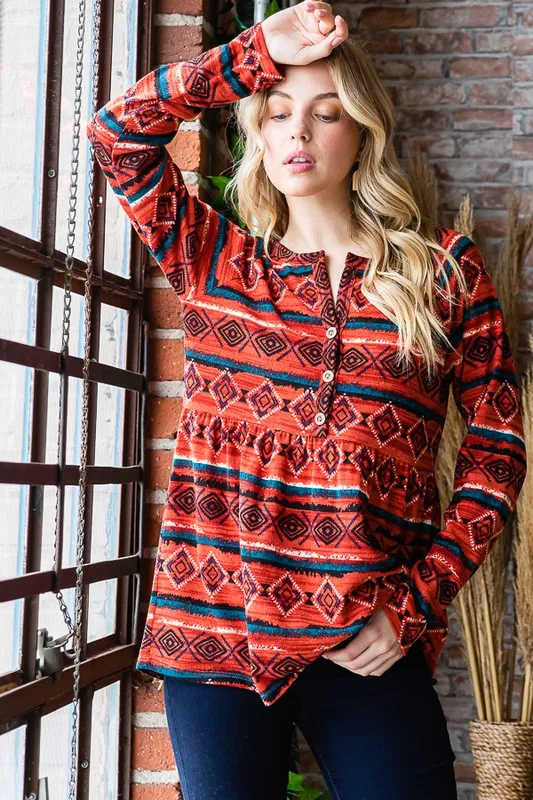 Full Size Geometric Button Detail Long Sleeve Babydoll Top, image 4