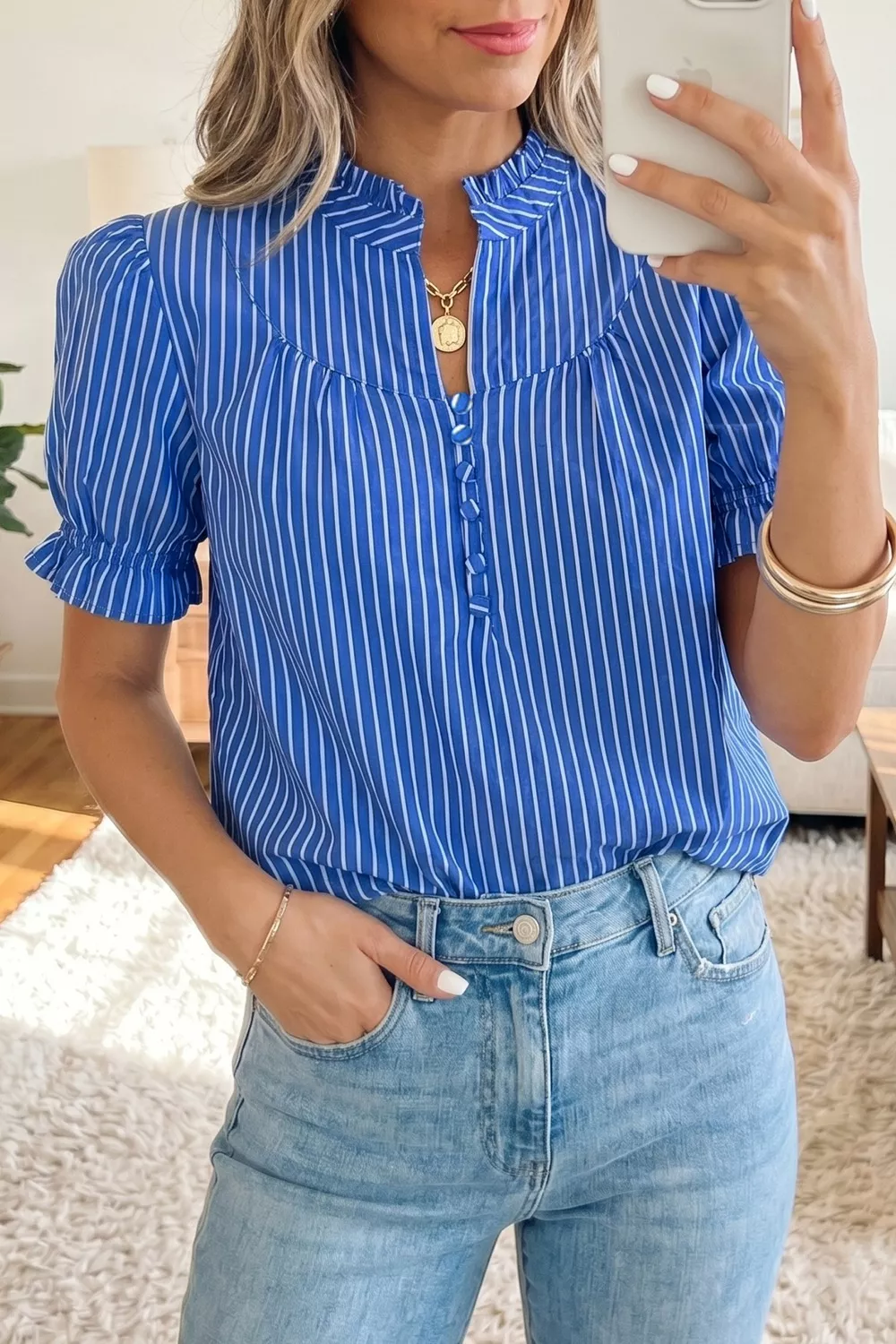 Stripe Ruffled Short Puff Sleeve Button Front Blouse, image 2