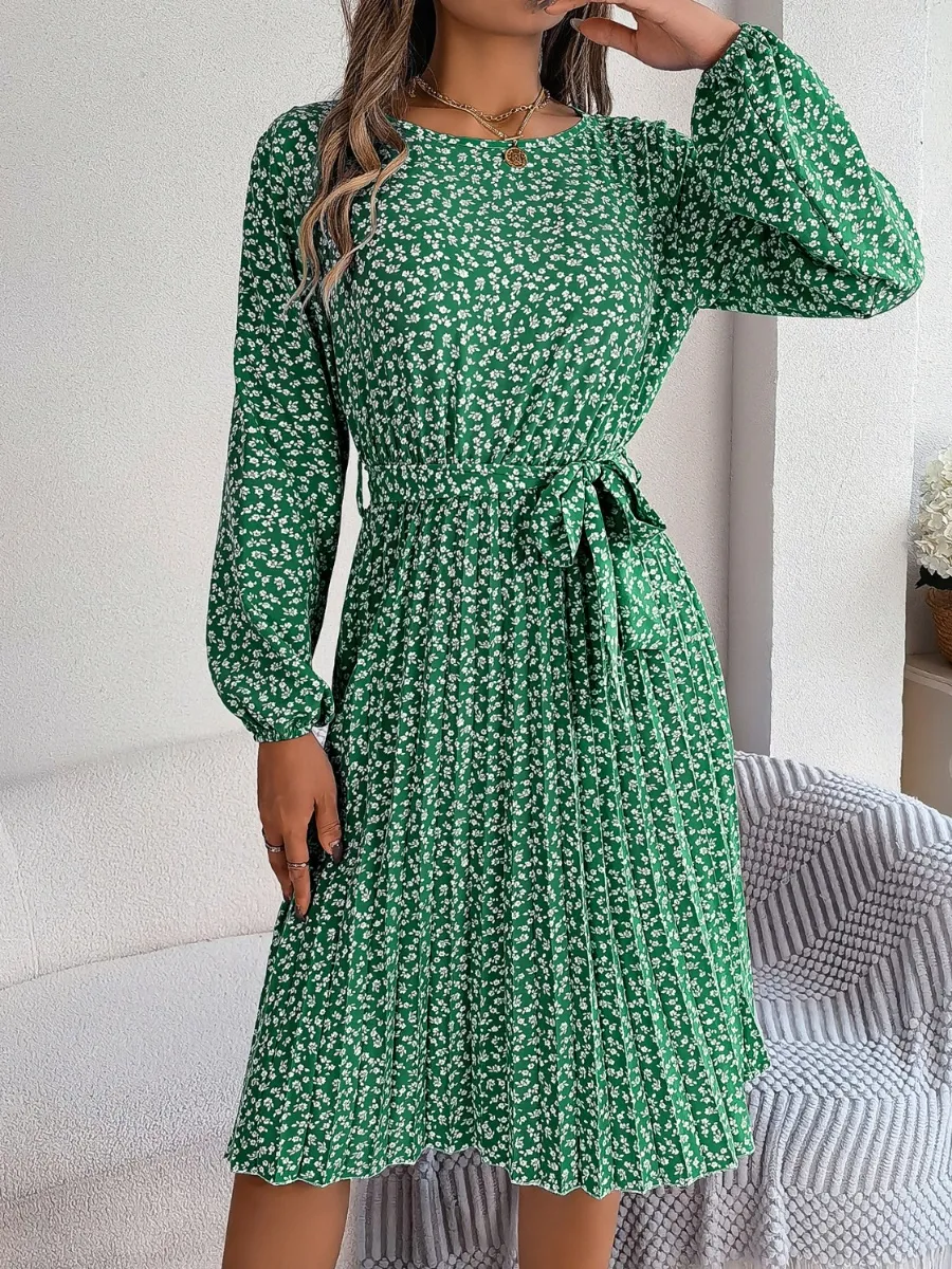 Ditsy Floral Tie Waist Pleated Dress, image 24