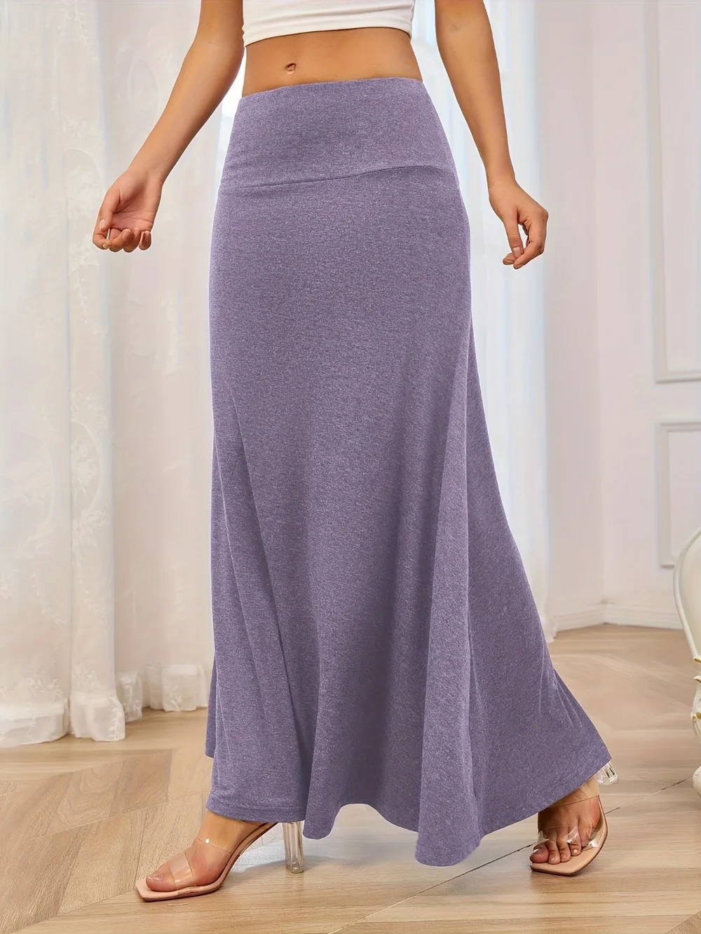 Solid Elastic Waist Maxi Skirt, image 3