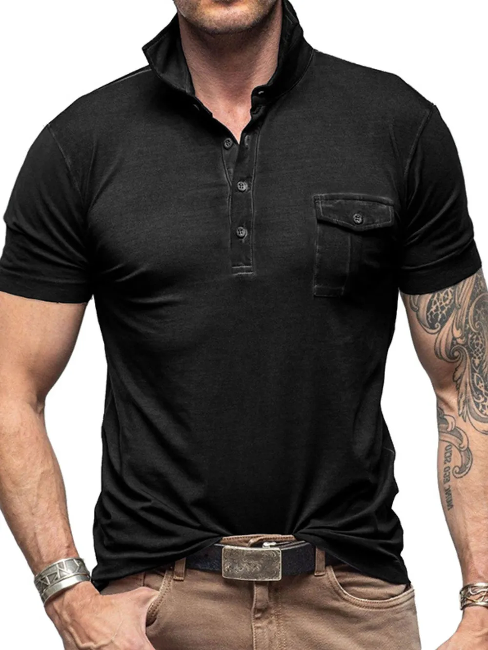 Men's Classic Pocket Polo Shirt with Stand Collar, image 11