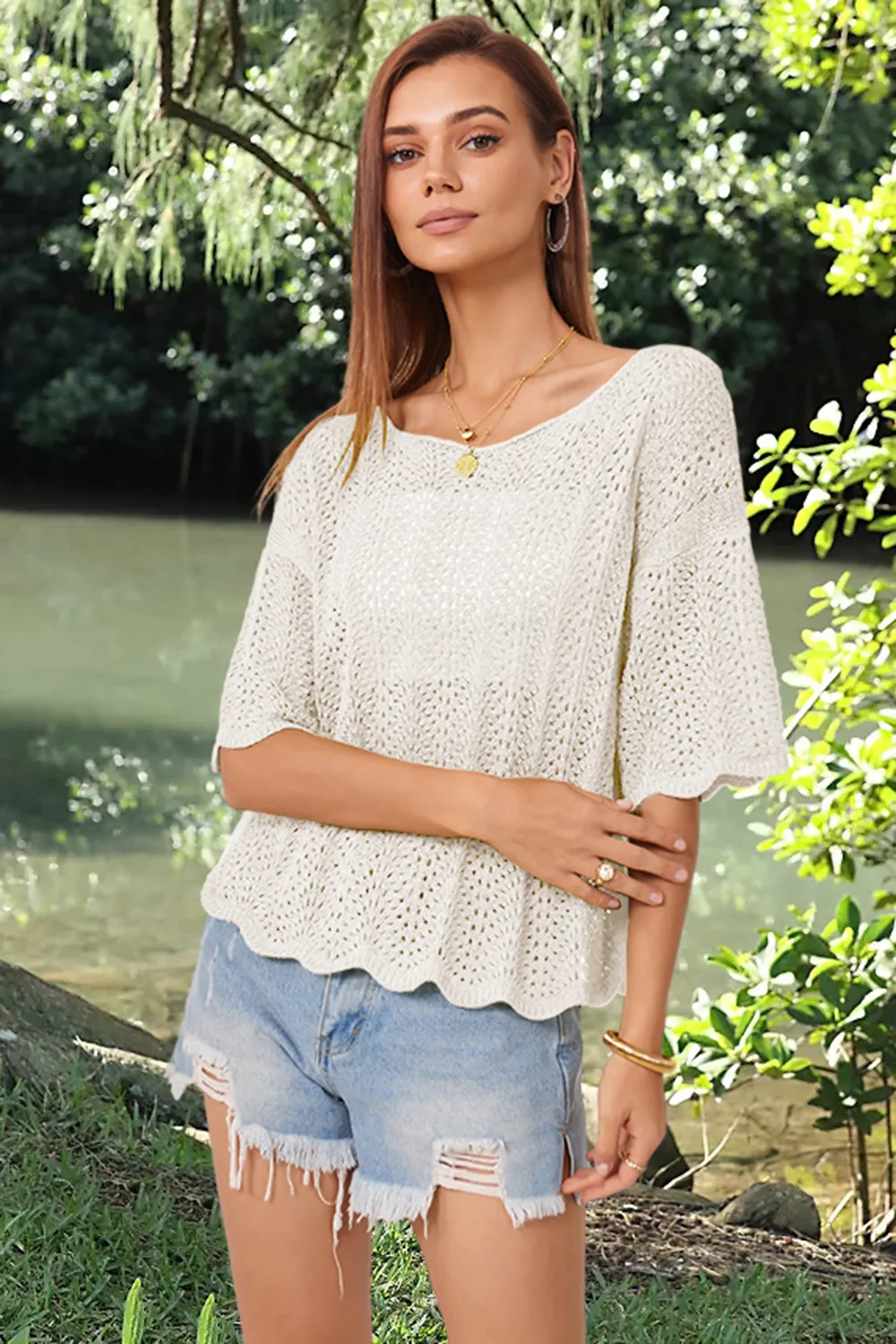 Openwork Round Neck Half Sleeve Knit Top, image 19
