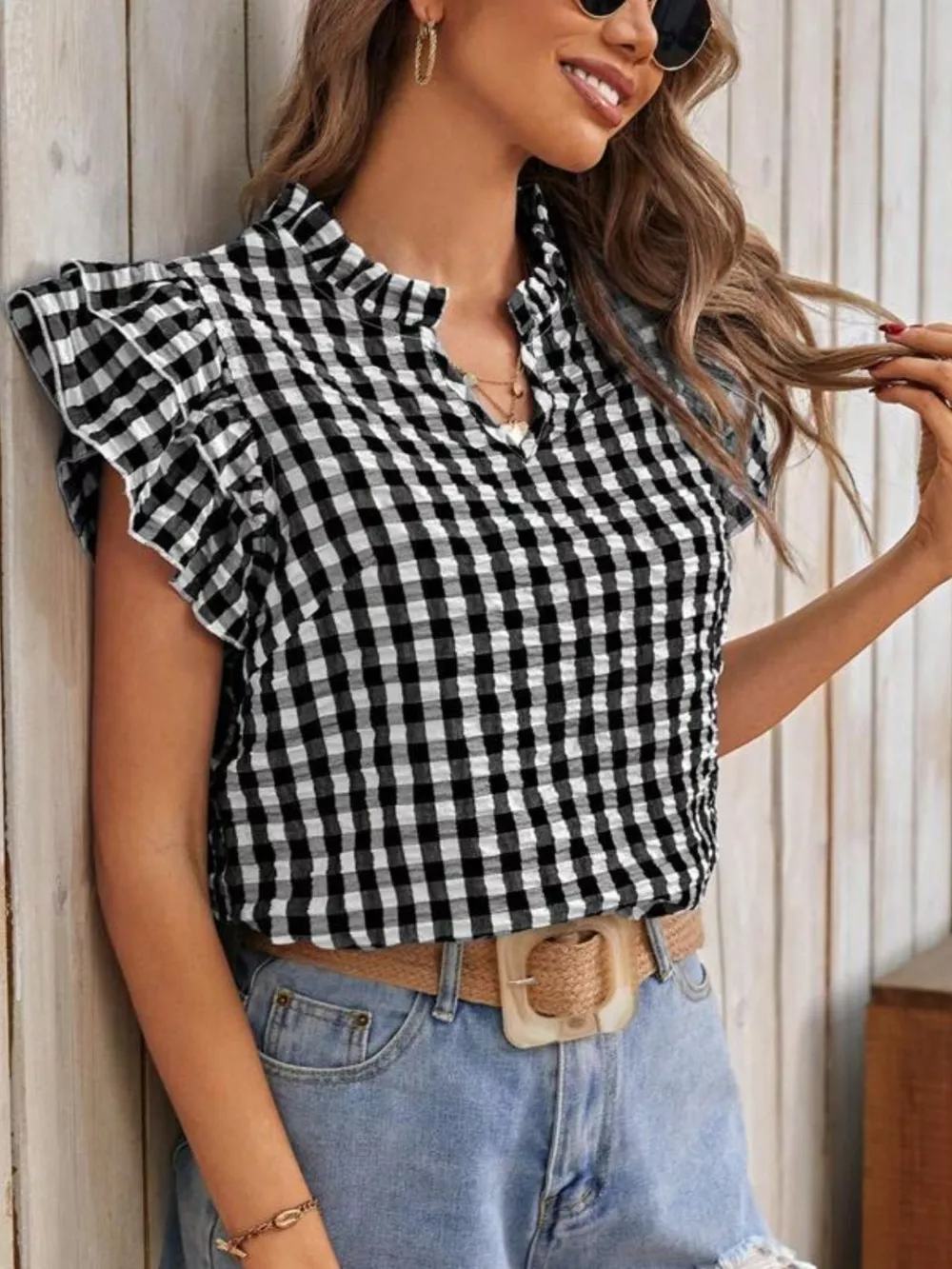Gingham Ruffle Sleeve Blouse, image 10