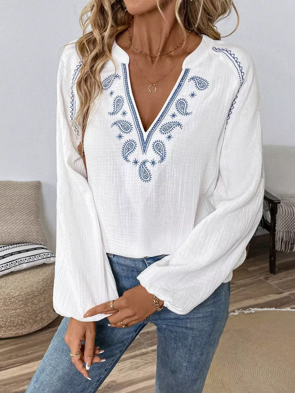 Paisley Notched Balloon Sleeve Blouse, image 5