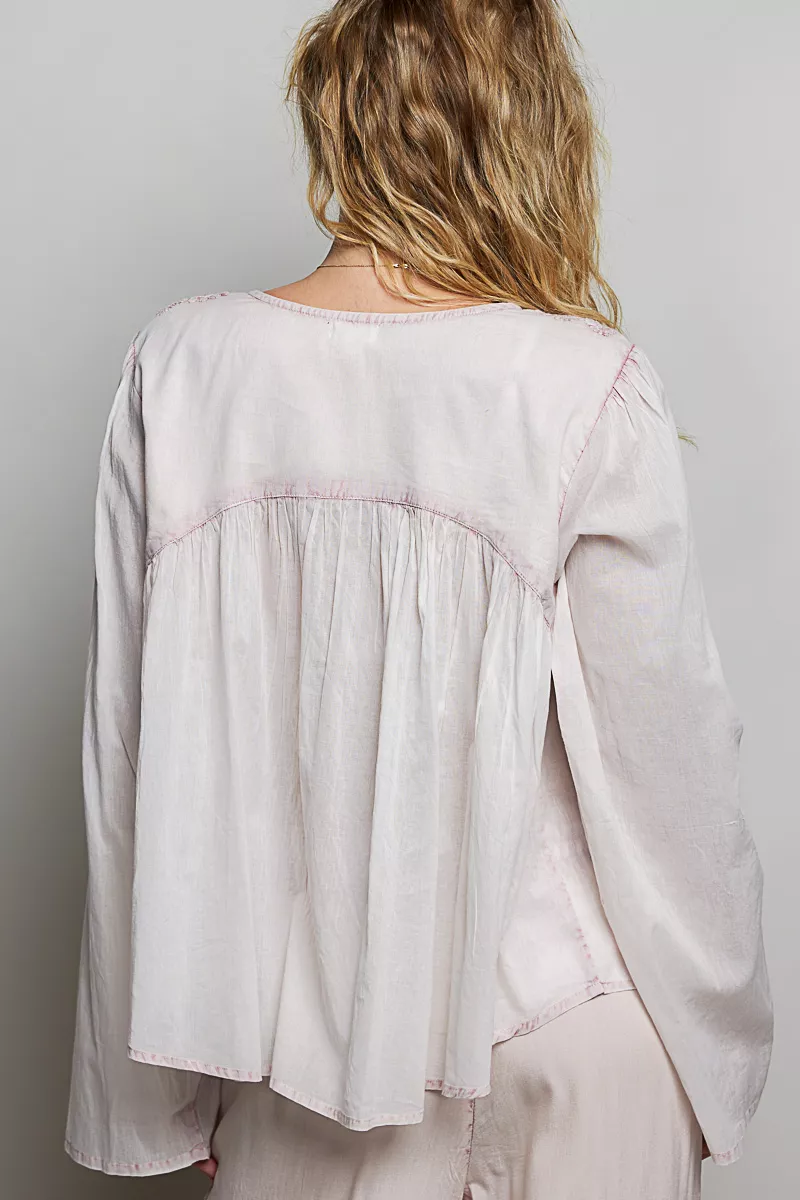 POL Embroidered Gathered Shoulder Long Sleeve Shirt, image 3