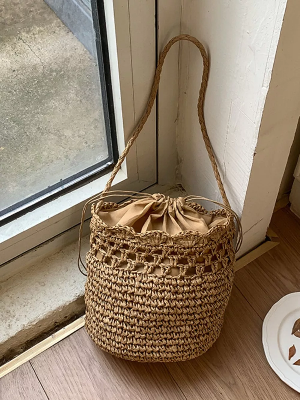 Woven Straw Bucket Shoulder Bag, image 2