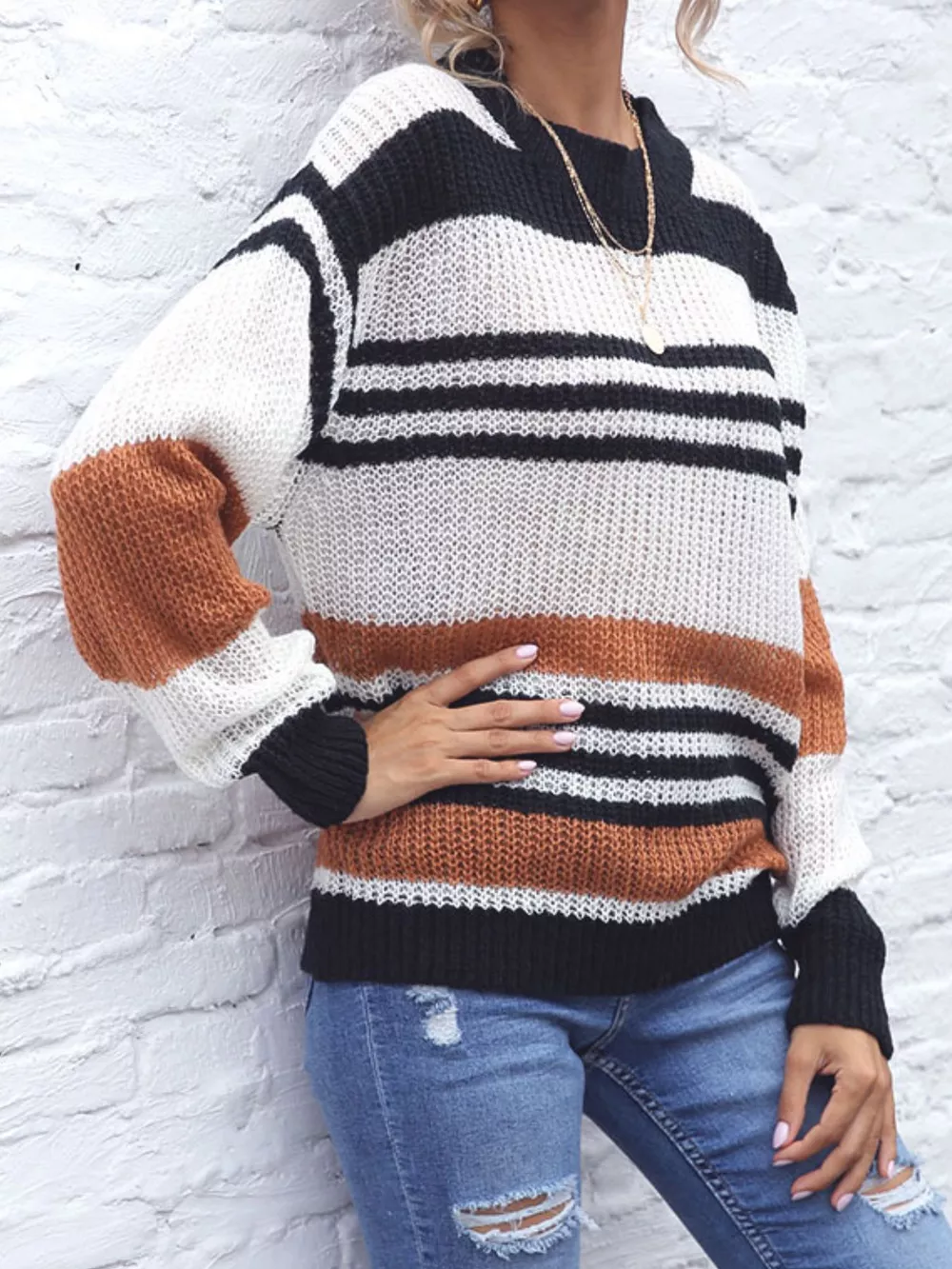 Striped Round Neck Knit Sweaer, image 4