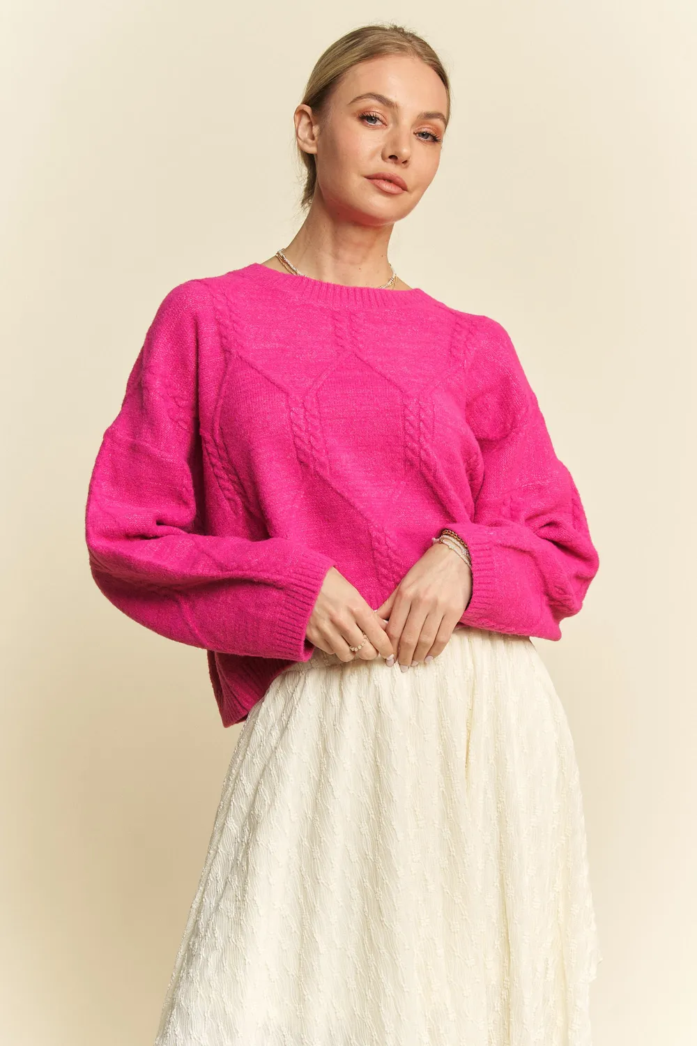 Diamond Cable Pattern Drop Shoulder Sweater, image 3