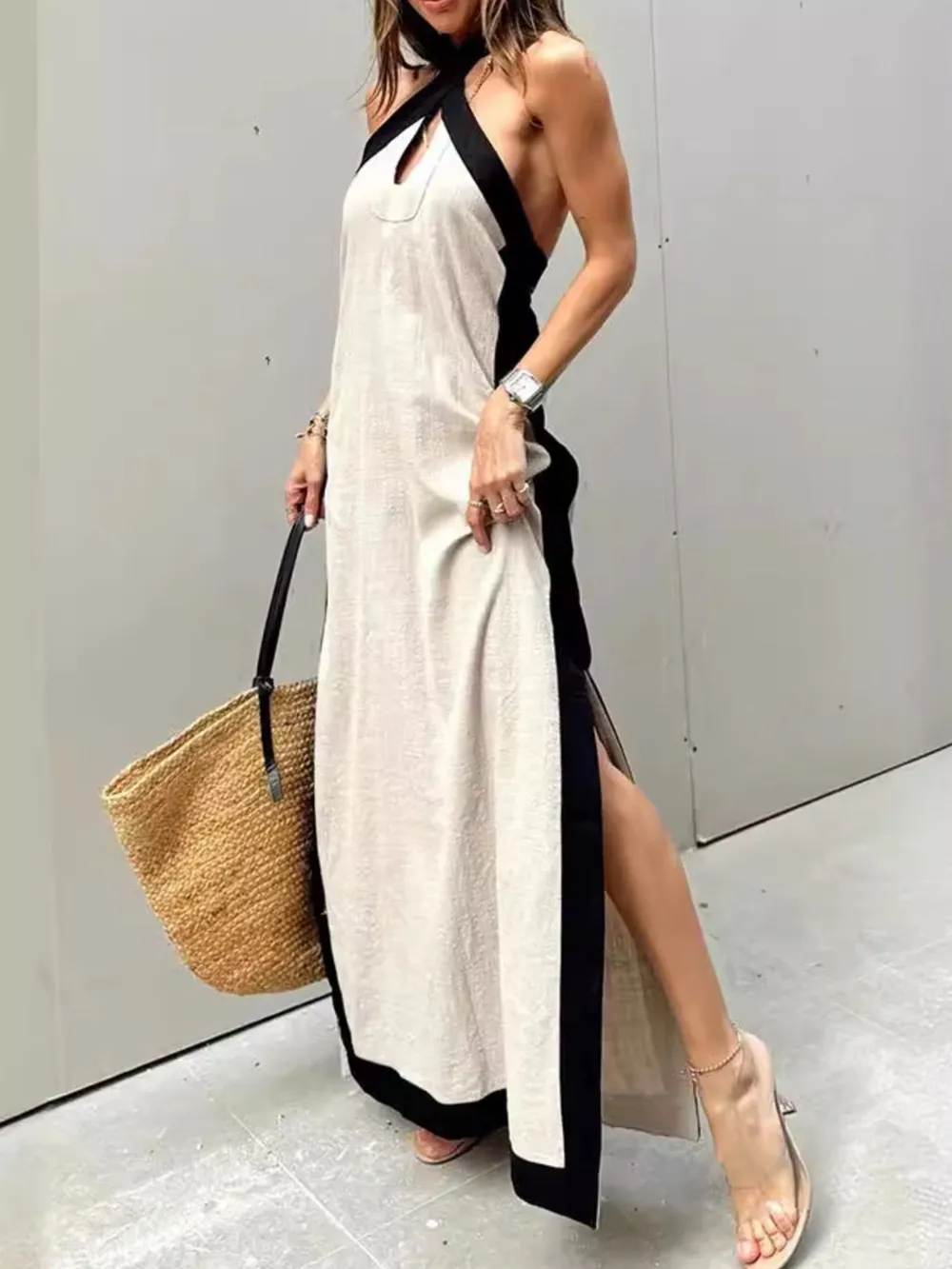 Contrast Halter Sleeveless Maxi Dress, image 5