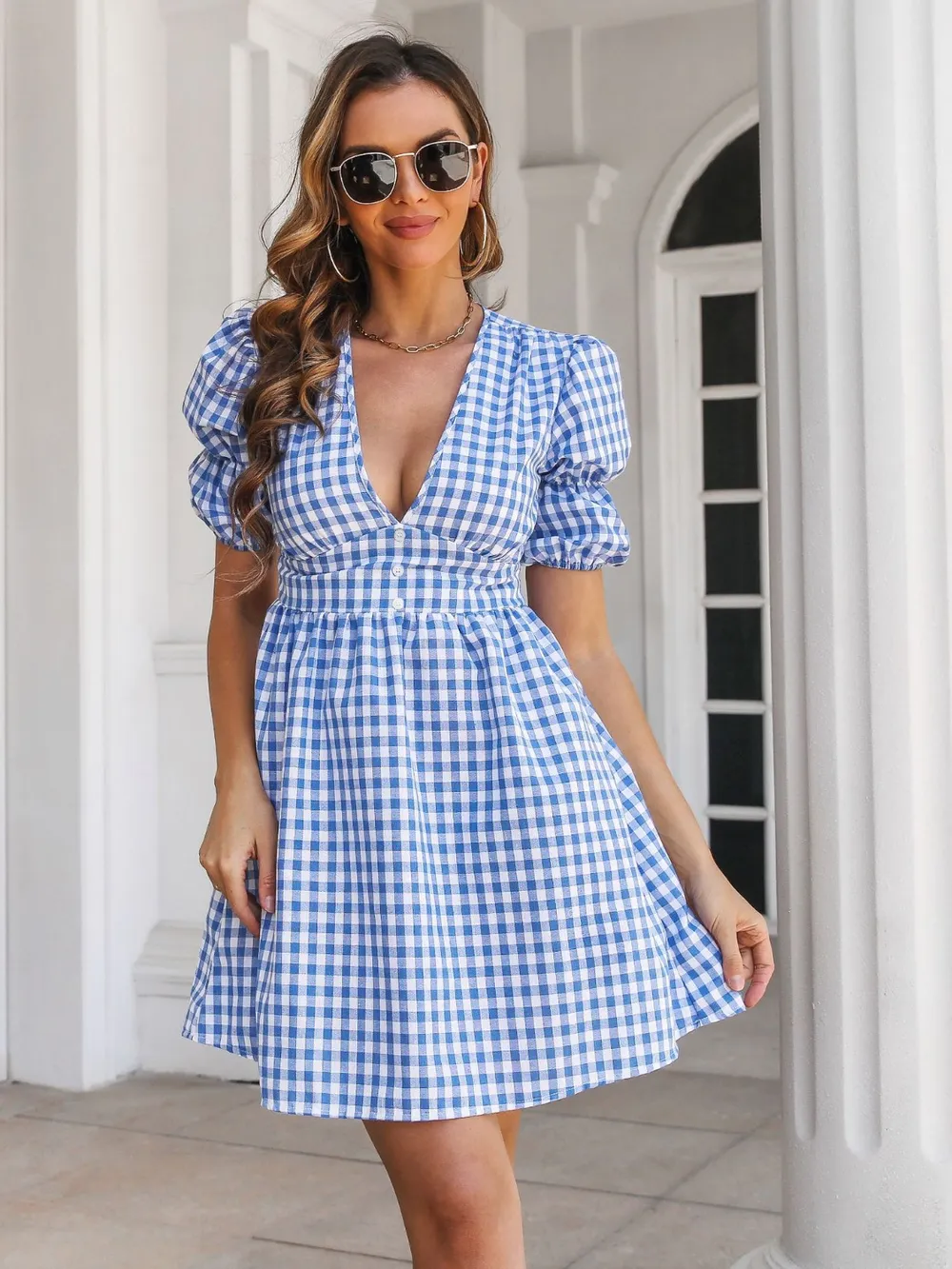 Decorative Button Plaid Short Sleeve Dress, image 5