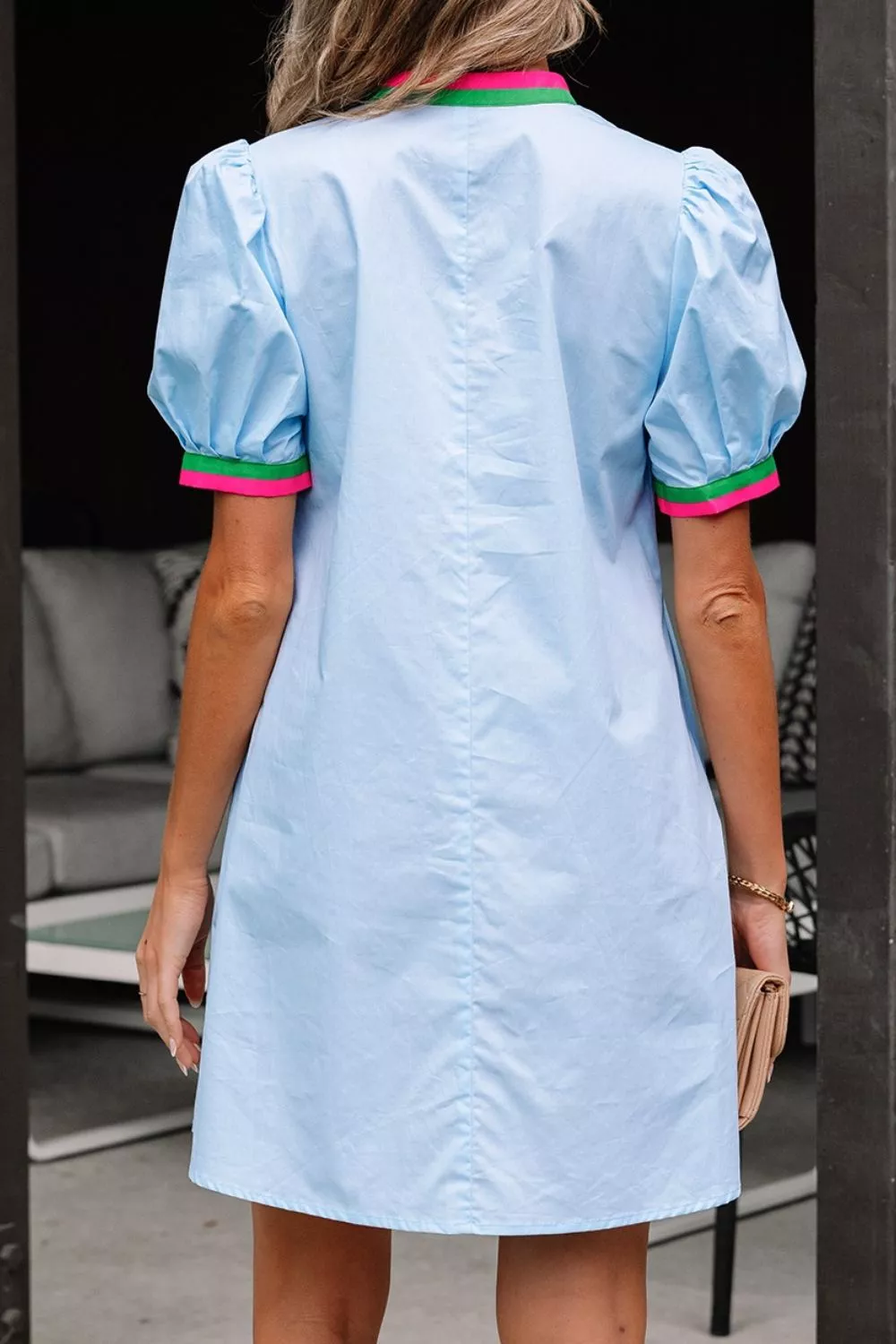 Puff Sleeve Mini Dress with Contrast Trim, image 5