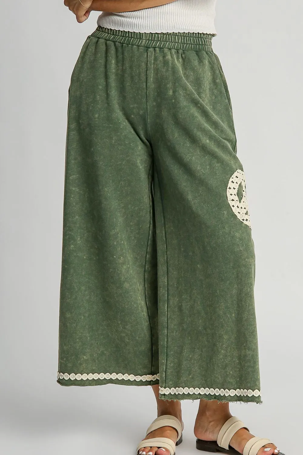 Full Size Peace Lace Applique Mineral Wash Wide Leg Pants Plus Size