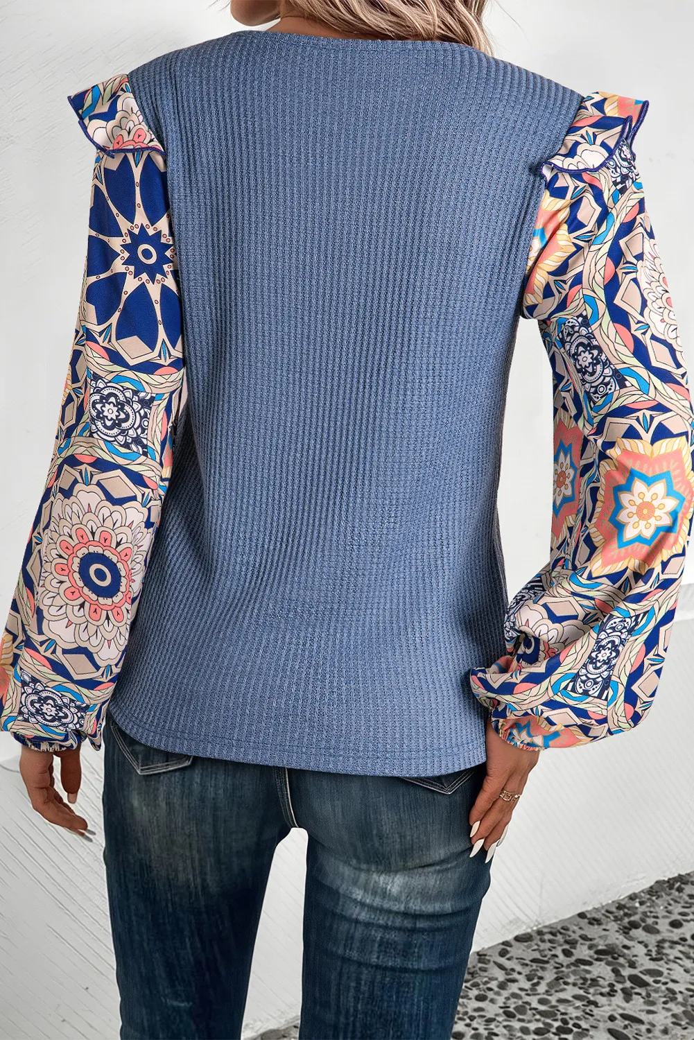 Ruffled Printed Round Neck Long Sleeve Top, image 4
