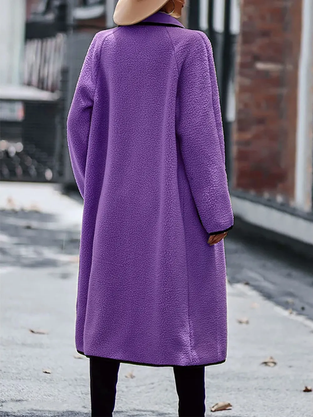 Full Size Contrast Trim Long Sleeve Coat with Pockets, image 8